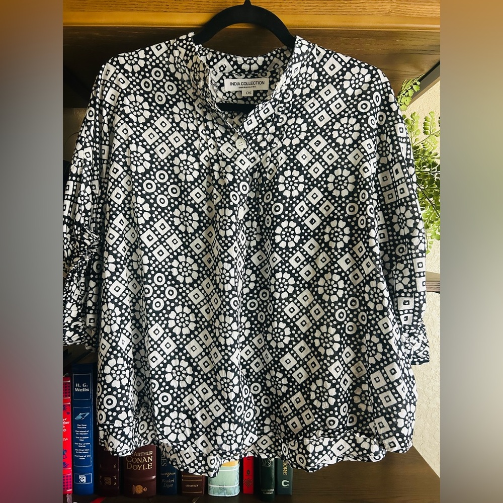 Emerson Fry Mandarin Collar Top Black Daisy Check